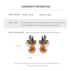 Detailed size specifications for vintage peacock tassel earrings in gold and blue alloy