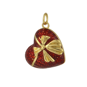 18K gold plated copper heart pendant with red enamel and golden bow accent charm
