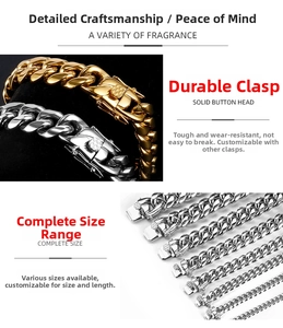 Detail view of durable solid button head closures on gold and silver Cuban link chains
