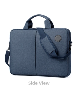 Detail of dark blue laptop bag with reinforced handles and padded shoulder strap