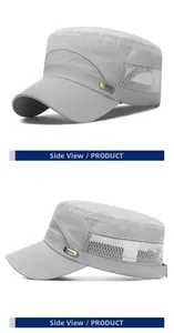 Macro detail of breathable mesh fabric and metal brand plate on light gray cadet cap