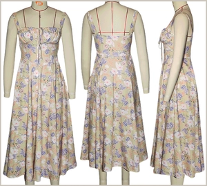 Three-way view of floral sun dress showing side slit and lace-up bodice detail