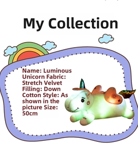 Detailed view of glowing unicorn plush toy showing soft fabric and LED lighting effect.