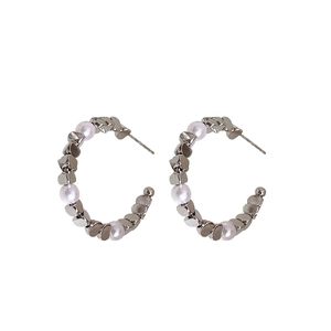 Silver needle hoop earrings with irregular silver beads and white faux pearls