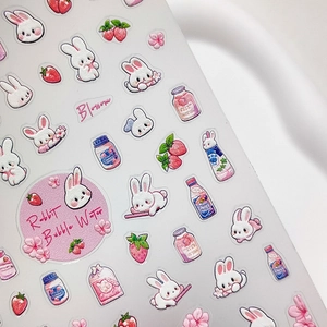 Japanische 3D Nageltattoo Aufkleber mit Hasen, Kirschblüten und Sprudelwasser Motiven