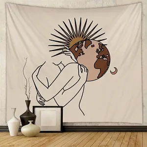 Minimalistische Linienkunst Wandteppich Polyestergewebe Mensch Umarmt Erde Sonne Mond Bohème Ästhetik Zimmer Dekor