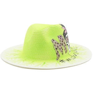 Neon green wide-brim straw sun hat with stylish skull and leopard print graphics