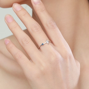Minimalist s925 silver ring with asymmetric white marquise and blue round zircon stones