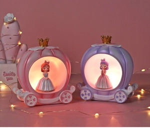 Detail of pumpkin carriage night lights with crown top and heart relief wheels