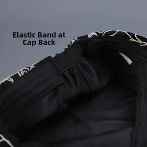 Detail of the elastic back band on a black hat with white wave embroidery for better fit