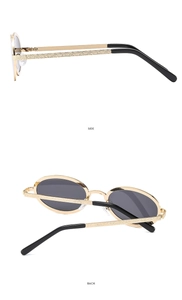 Detailed side and back views of vintage oval sunglasses with textured gold metal frames