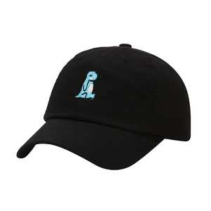 Classic black cotton baseball cap with blue cartoon dinosaur embroidery on the front