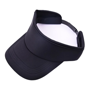 Detailed view of black sun visor with adjustable buckle and reinforced stitching