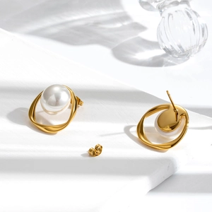 Minimalist French vintage gold stainless steel geometric hoop earrings with pearls