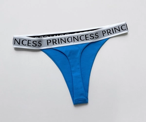 Detail of blue cotton thong with silver elastic waistband featuring Princess logo