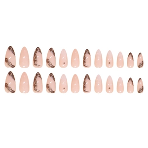 24pcs almond press-on nails with nude pink marble texture and minimalist dot patterns