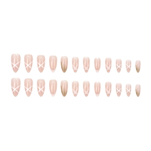 Französische Mandel-Drucknägel-Set in Nude-Rosa mit goldenem Glitzer-Finish