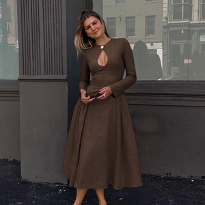 Solid Color Hollow Out Keyhole Long Sleeve Midi Dress Elegant A Line Swing Knit Sexy Women