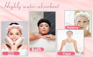 Detailed views of highly water-absorbent sponge headbands for bathing, makeup, and yoga