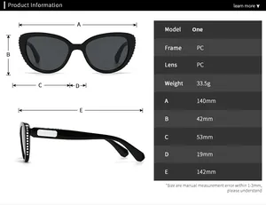Detailed size specifications for angular cat-eye sunglasses with rhinestone decor