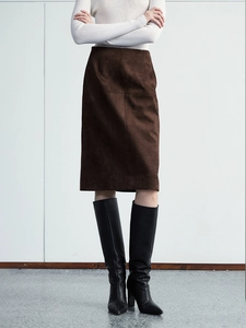 Suede Midi Skirt High Waist Straight Split Hem Elegant Office Commute Minimalist Slimming Bottoms