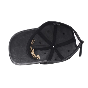 Internal view of a washed cotton baseball cap with cotton label and reinforced stitching
