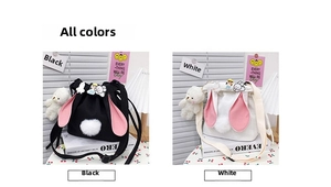 Detail of canvas bucket bags with bunny ears, fluffy tails and cute character badges