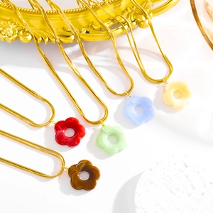 Golden titanium steel double chain necklace with five-color acrylic floral pendants