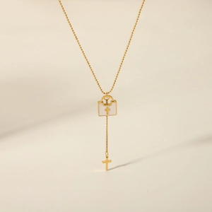 18K gold plated stainless steel necklace with lock and cross pendants on bead chain