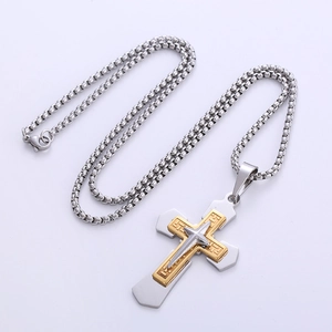 Vintage punk two-tone stainless steel cross pendant necklace for men in silver and gold