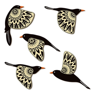 Set of 5 black wooden hummingbird wall art pieces with mandala floral wing patterns