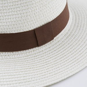 Men's white straw Panama hat with dark brown ribbon and flat brim for summer beach sun protection