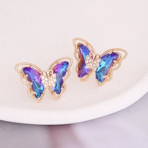 Elegant 925 silver needle butterfly stud earrings with blue-purple gradient crystals