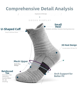 Detail showing arch support, mesh ventilation, and reinforced toe on gray crew sports socks