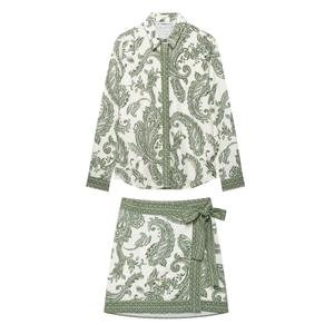 Paisley Printed Long Sleeve Shirt And Wrap Mini Skirt Woven Polyester Outfit For Women Vintage Bohemian Style Streetwear
