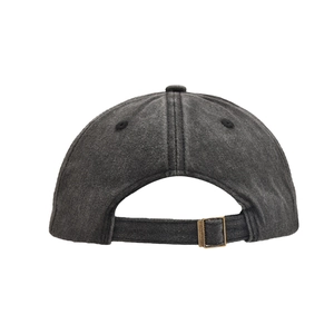 Back view of a vintage washed grey cotton baseball cap with adjustable metal strap buckle