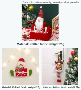 Detailed view of knitted plush Santa, snowman and reindeer ornaments on a Christmas tree