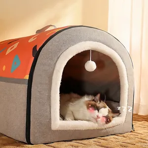 Cuccia per gatti chiusa calda in grigio e arancione con morbida fodera interna in pile