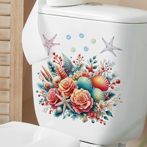 Detailed waterproof wall sticker with colorful roses and seashells on a toilet tank