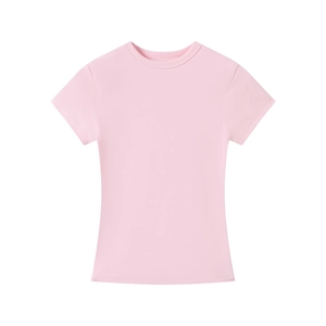 Close-up of soft pink modal t-shirt showing high-density knitted fabric texture