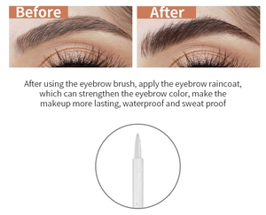 Macro shot of waterproof eyebrow raincoat applicator brush and before-after effect detail