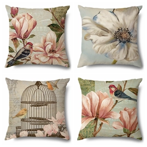 Vintage linen throw pillow covers with floral bird and butterfly prints set of four