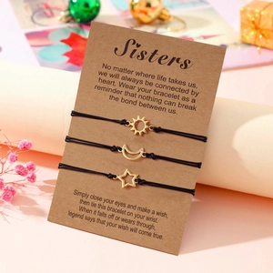 Three sisters braided rope bracelets with golden sun, moon, and star alloy charms