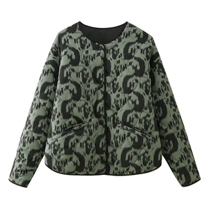 Women's quilted dark green jacket with black abstract animal print and snap buttons