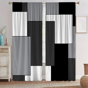 Detail of grey geometric pattern polyester curtains with modern block design and soft texture