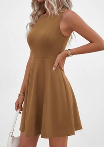 Detail of caramel brown sleeveless A-line dress with a slim waist and round neckline