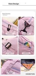 Detail view of pink gym bag with smooth zippers, reinforced handle and adjustable strap.