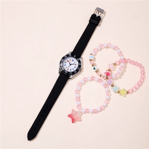 Pink quartz watch with silicone strap and beaded bracelets with heart charms set