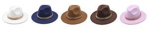Flat lay of colorful wool fedora hats with bold gold chain bands in five distinct colors