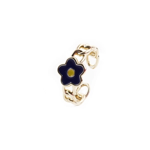 Retro gold flower chain ring with navy blue enamel petals and adjustable open band